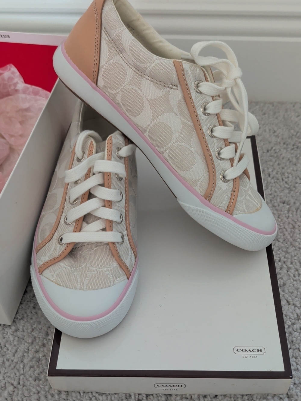 Coach Women's Beige Canvas Sneakers with Pink Trim Size 6